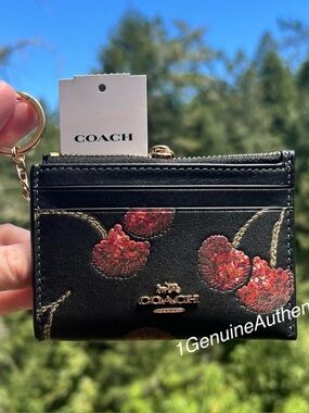 COACH Mini Skinny Id Case Leather Cardholder Wallet w Cherry Print NWT AUTHENTIC